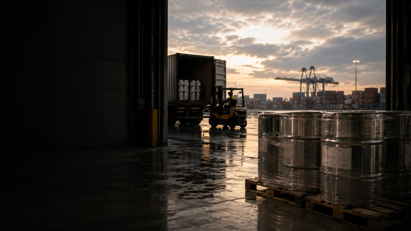 Worker in protective equipment operating manufacturing equipment